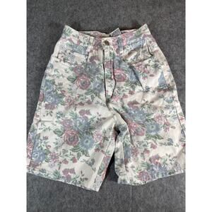 Vintage 90s Get! Denim Shorts Womens 3/4 Blue Cream Pink Floral Boho Cottagecore